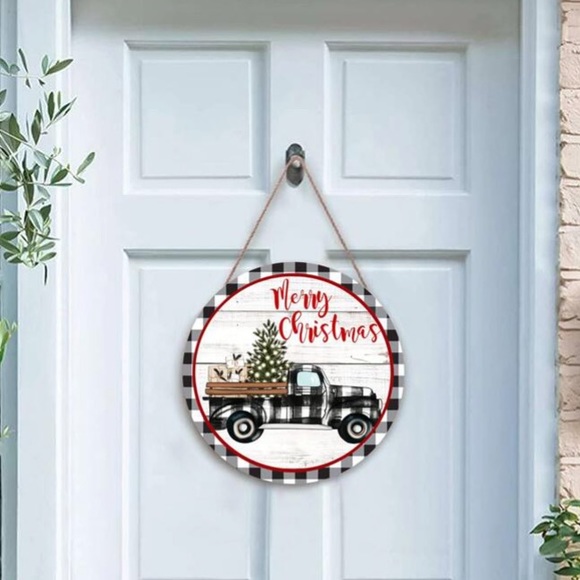 NWT White Buffalo Check Farmtruck 🎄 Merry Christmas Round Wooden Decor Sign - Picture 2 of 6